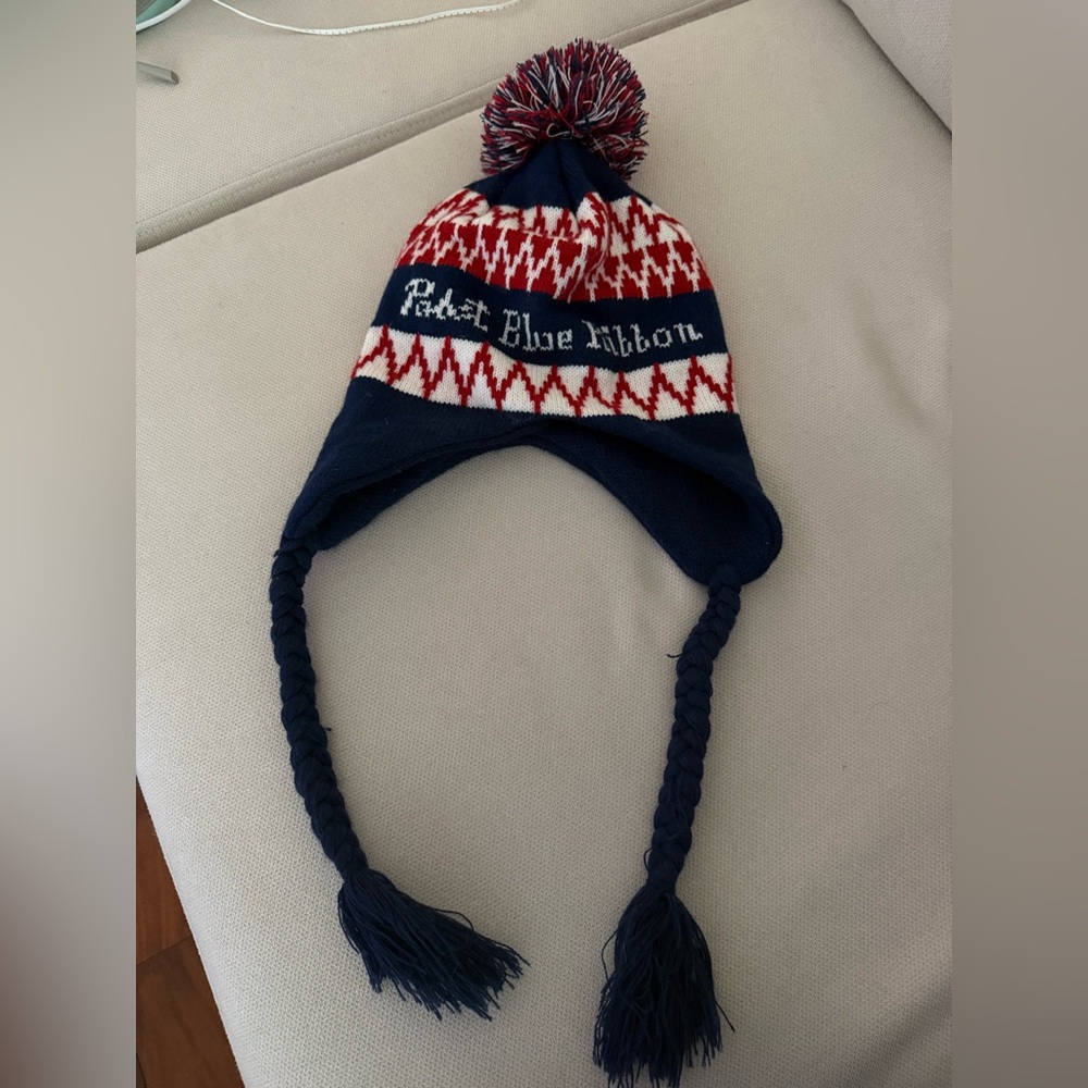 Pabst Blue Ribbon Winter Hat/Beanie with Pom Pom